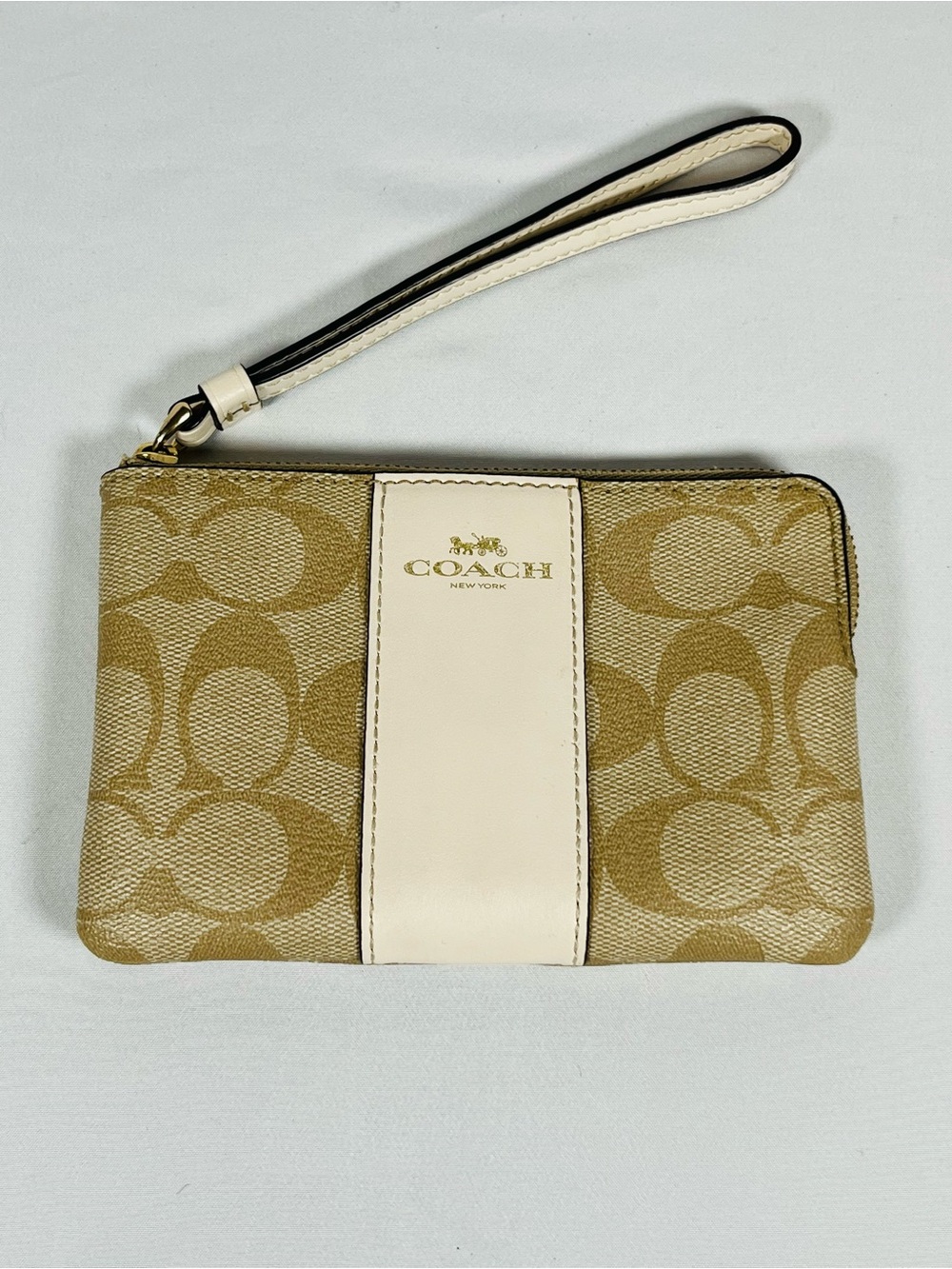 Coach Signature PVC Leather Corner Zip Wristlet Light Khaki Chalk 6.25”